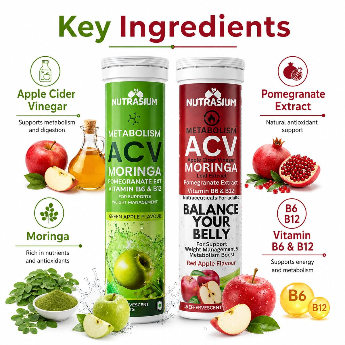 Nutrasium ACV Moringa Metabolism Plus | Apple Cider Vinegar Effervescent Tablet | For Supports Weight Loss, Control Cravings, Convert Fat Into Energy, Boost Energy & Immunity | 30 Tablets Mix Fruit