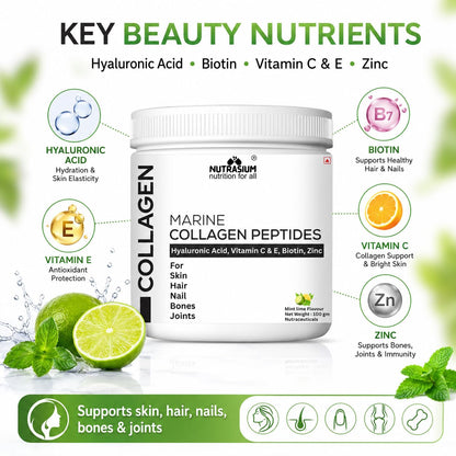 Nutrasium Marine Collagen Supplement with Vitamin C & Hyaluronic acid for Men & Women | Skin, Joints, Hair & Nails | Hydrolyzed Peptides Fast Absorption | Added Biotin & Zinc | 200 Gram Refrashing Lemin Mint Flavour (200 gm, Lemon Mint)