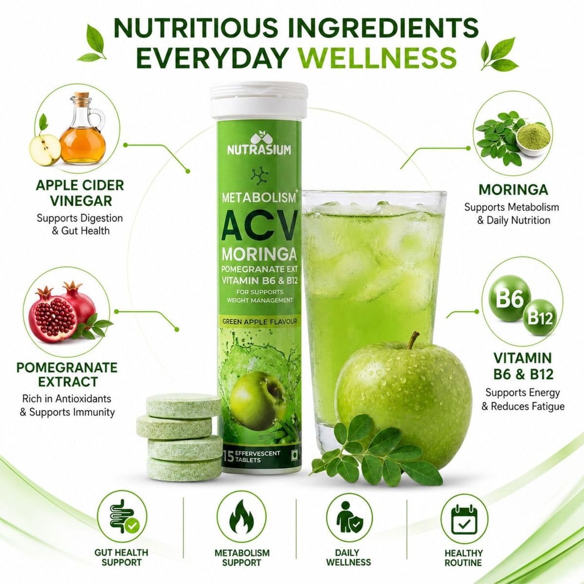 Nutrasium ACV Moringa Metabolism Plus | Apple Cider Vinegar Effervescent Tablet | For Supports Weight Loss, Control Cravings, Convert Fat Into Energy, Boost Energy & Immunity | 90 Tablets Green apple