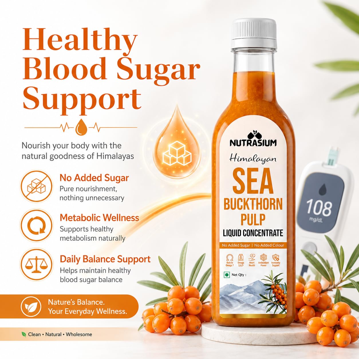 Nutrasium Sea Buckthorn Pulp Concentrate 1000 ml | Cold Pressed Himalayan Sea Buckthorn Berry Liquid Concentrate | Natural Source of Vitamin C & Omega 3, 6, 7 & 9 | Pack Of 2