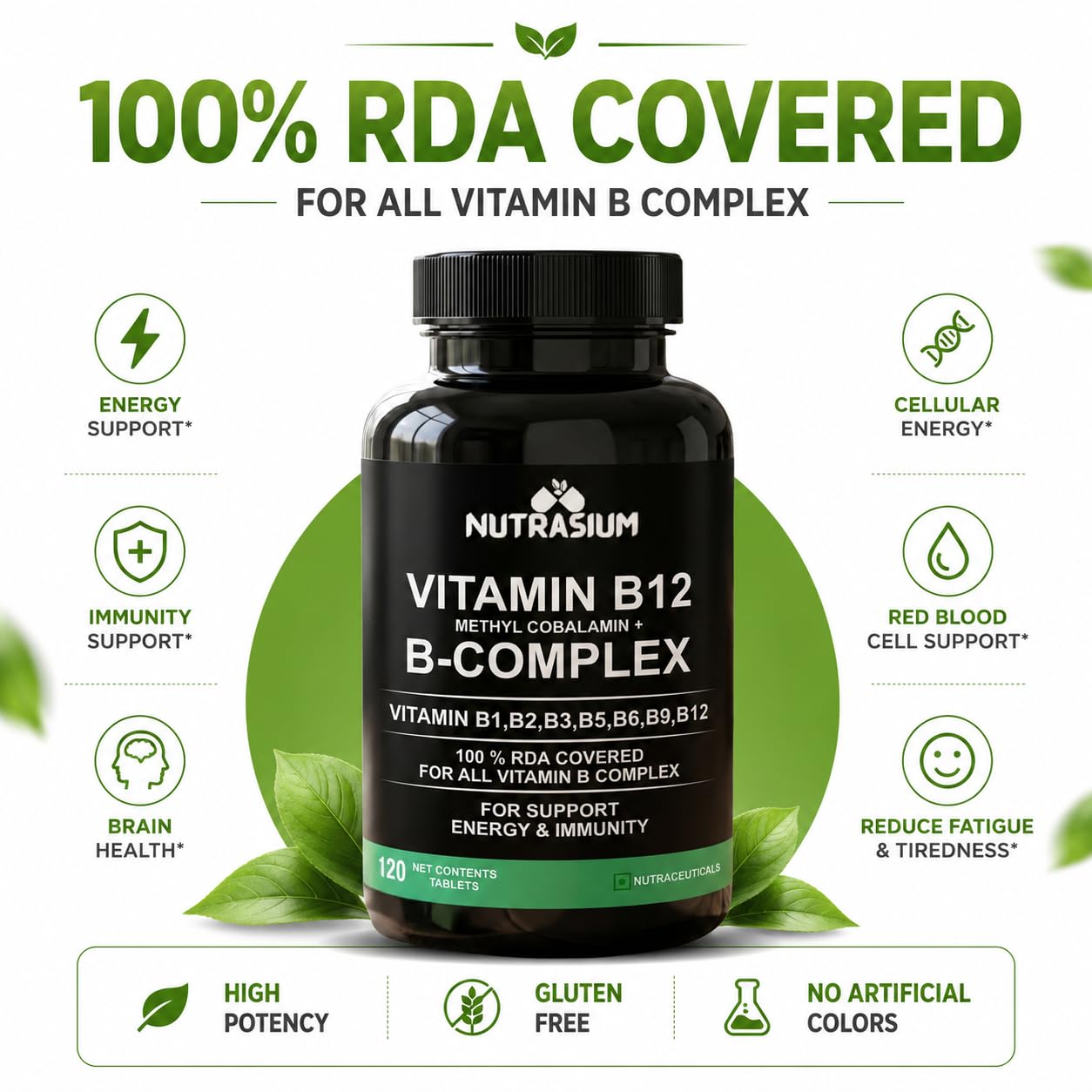 Nutrasium Vitamin B12 with B-Complex Tablets - 100% RDA for B Vitamins with B1, B2, B3, B5, B6, B9 & Vitamin B12 | Vitamin B Complex Supplements for Women & Men - 120 Vegetarian Tablets