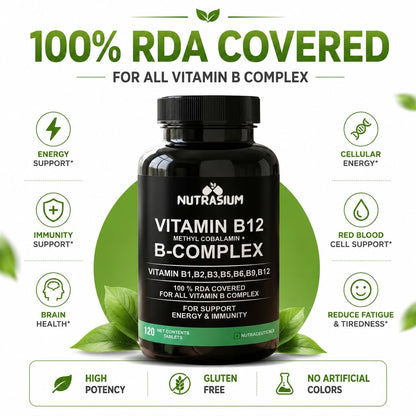 Nutrasium Vitamin B12 with B-Complex Tablets - 100% RDA for B Vitamins with B1, B2, B3, B5, B6, B9 & Vitamin B12 | Vitamin B Complex Supplements for Women & Men - 120 Vegetarian Tablets