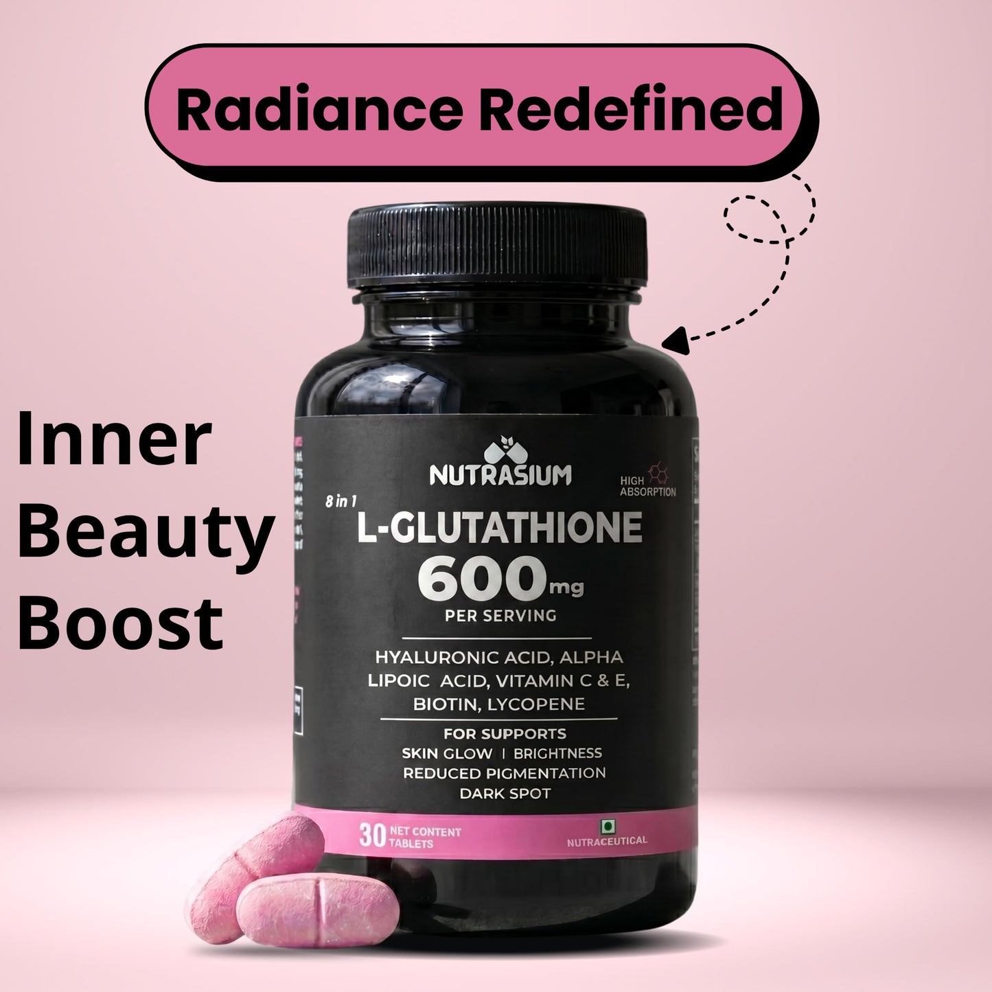 Nutrasium | Glutathione tablets for skin Glow | L-Glutathione 600 mg with Hyaluronic Acid & Biotin | For Skin Glow, Brightening, Hydration, Even skin tone & Skin Radiance | Added Vitamin C & E with Lycopene | 30 Tablets