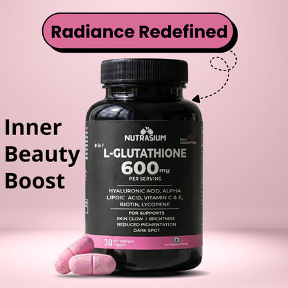 Nutrasium | Glutathione tablets for skin Glow | L-Glutathione 600 mg with Hyaluronic Acid & Biotin | For Skin Glow, Brightening, Hydration, Even skin tone & Skin Radiance | Added Vitamin C & E with Lycopene | 30 Tablets