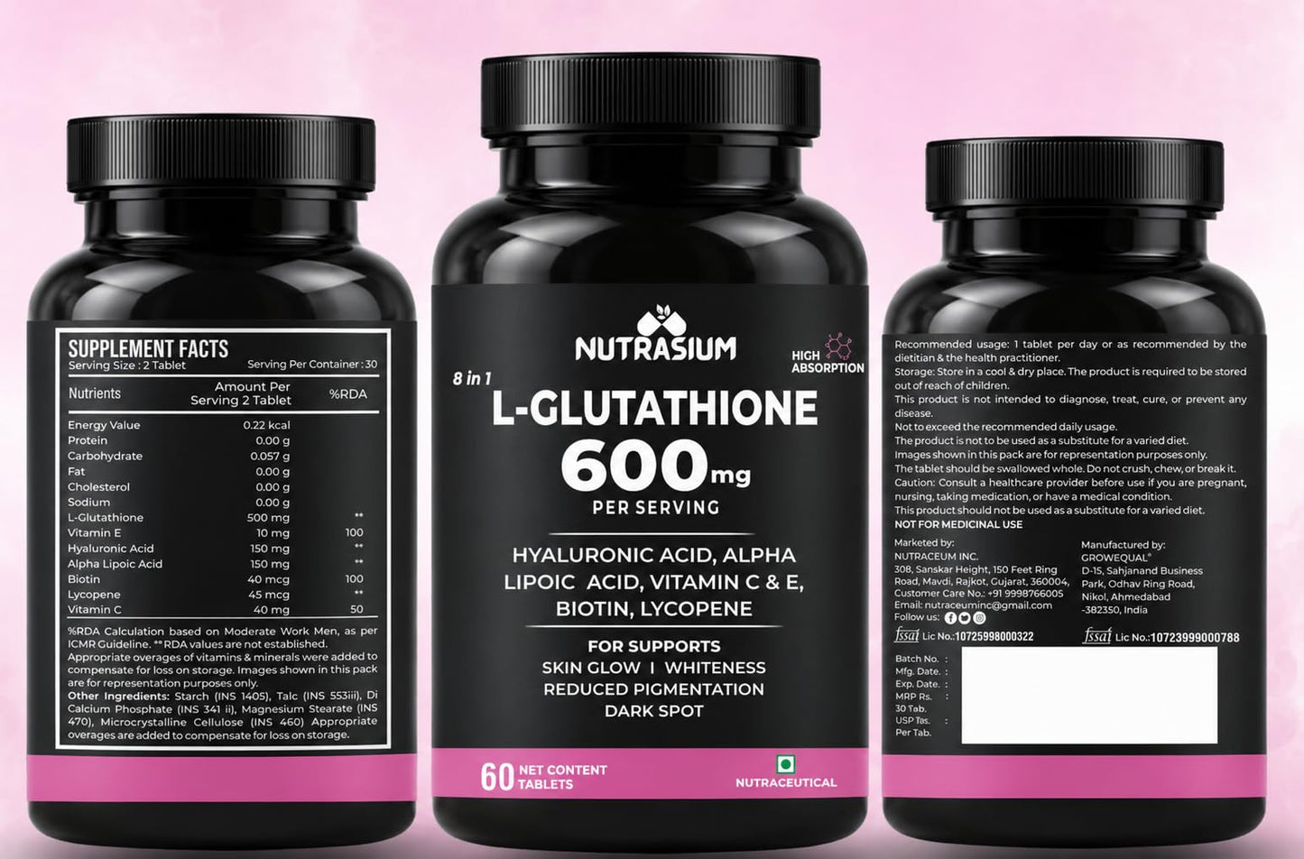Nutrasium | Glutathione tablets for skin Glow | L-Glutathione 600 mg with Hyaluronic Acid & Biotin | For Skin Glow, Brightening, Hydration, Even skin tone & Skin Radiance | Added Vitamin C & E with Lycopene | 30 Tablets