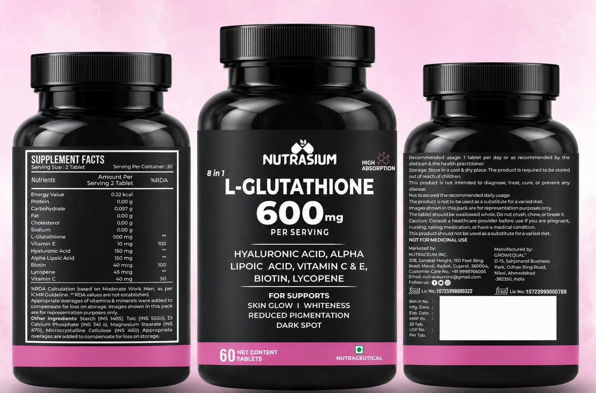 Nutrasium | Glutathione tablets for skin Glow | L-Glutathione 600 mg with Hyaluronic Acid & Biotin | For Skin Glow, Brightening, Hydration, Even skin tone & Skin Radiance | Added Vitamin C & E with Lycopene | 30 Tablets