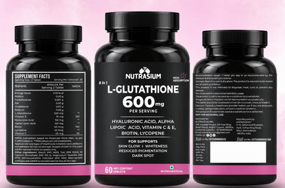 Nutrasium | Glutathione tablets for skin Glow | L-Glutathione 600 mg with Hyaluronic Acid & Biotin | For Skin Glow, Brightening, Hydration, Even skin tone & Skin Radiance | Added Vitamin C & E with Lycopene | 30 Tablets