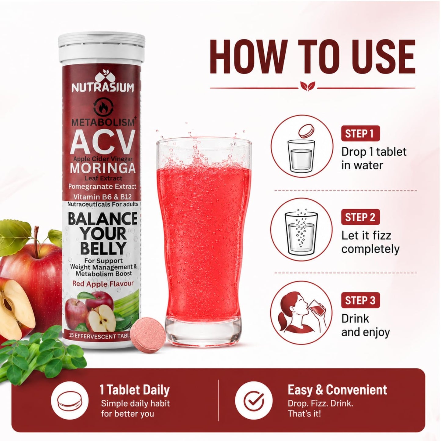 Nutrasium ACV Moringa Metabolism Plus | Apple Cider Vinegar Effervescent Tablet | For Supports Weight Loss, Control Cravings, Convert Fat Into Energy, Boost Energy & Immunity | 30 Tablets Red apple