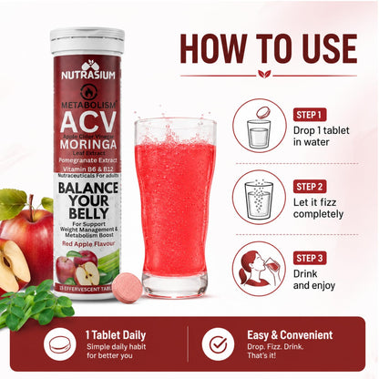 Nutrasium ACV Moringa Metabolism Plus | Apple Cider Vinegar Effervescent Tablet | For Supports Weight Loss, Control Cravings, Convert Fat Into Energy, Boost Energy & Immunity | 60 Tablets Red Apple