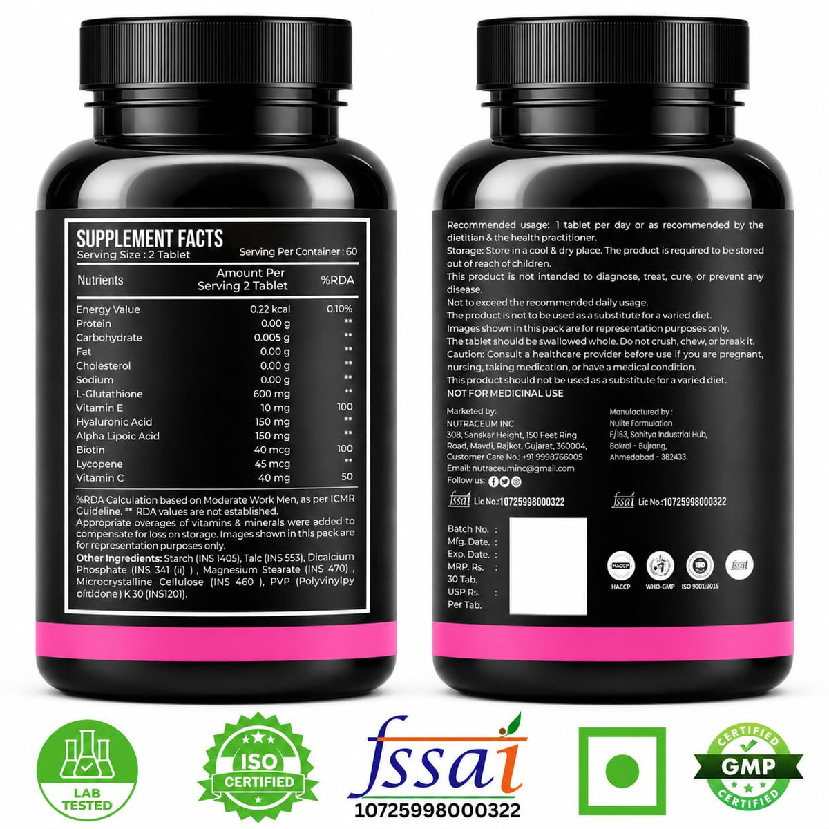 Nutrasium L-Glutathione 600 mg with Hyaluronic Acid & Biotin | For Skin Glow, Hydration, Even Skin tone & Skin Radiance | Reduce Pigmentation & Dark Spot | 60 Tablets