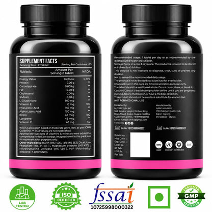 Nutrasium L-Glutathione 600 mg with Hyaluronic Acid & Biotin | For Skin Glow, Hydration, Even Skin tone & Skin Radiance | Reduce Pigmentation & Dark Spot | 60 Tablets