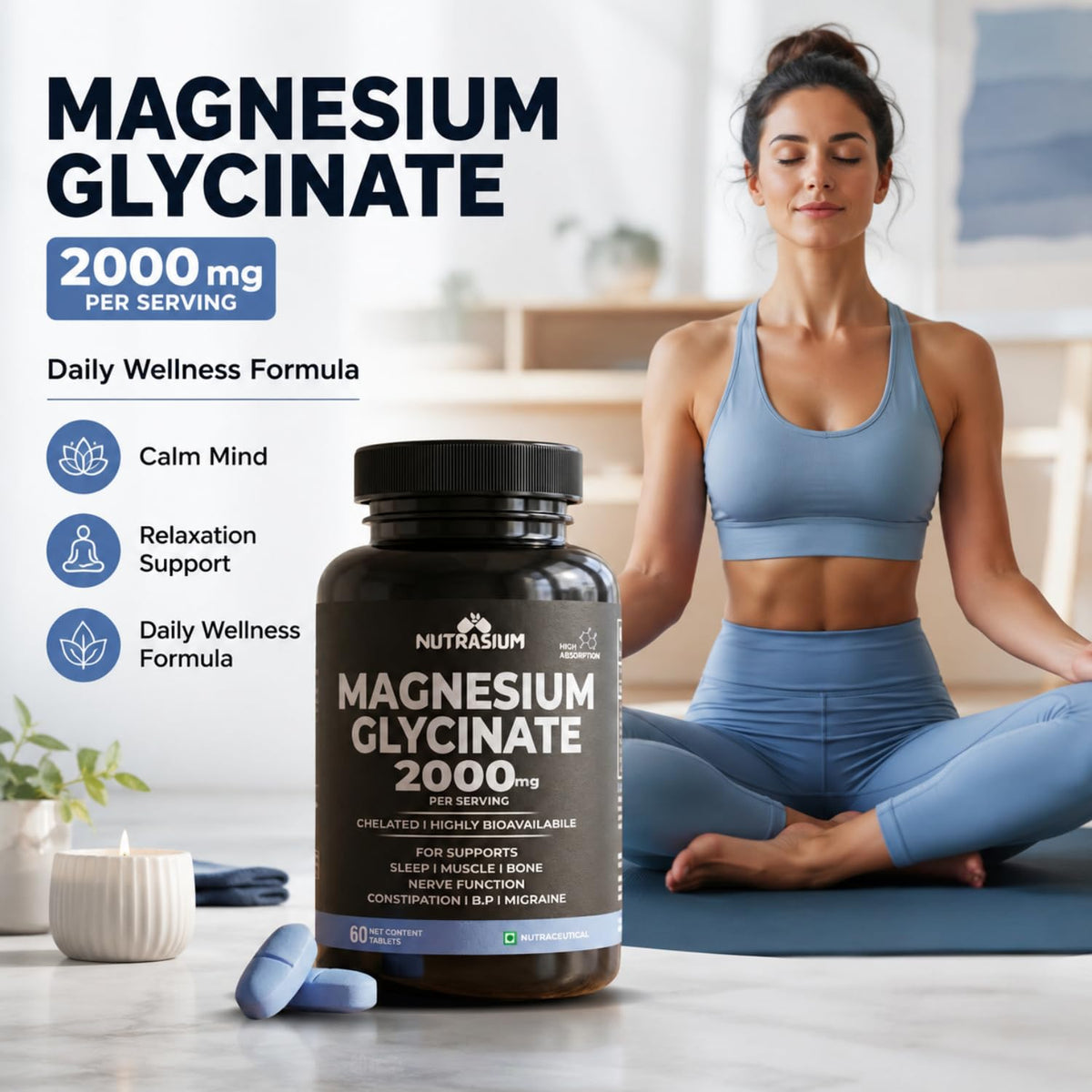 Nutrasium Magnesium glycinate 2000 mg Per Serving | Chealted & High Absorbtion | For Deep Natural Sleep, Muscle Relaxation, Supports Heart & Nerve Function | 60 Tablets