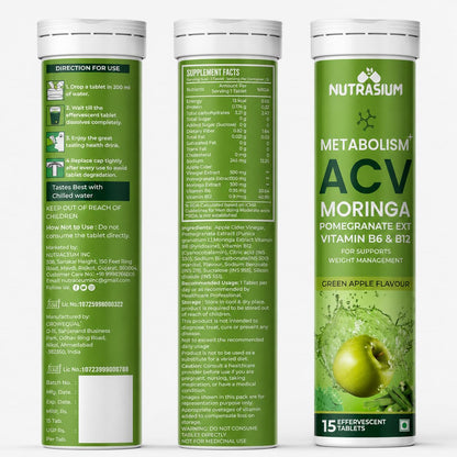 Nutrasium ACV Moringa Metabolism Plus | For Supports Weight Loss, Control Cravings, Convert Fat Into Energy, Boost Energy & Immunity | 75 Tablets Pack of 5X15