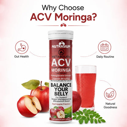 Nutrasium ACV Moringa Metabolism Plus | Apple Cider Vinegar Effervescent Tablet | For Supports Weight Loss, Control Cravings, Convert Fat Into Energy, Boost Energy & Immunity | 30 Tablets Red apple