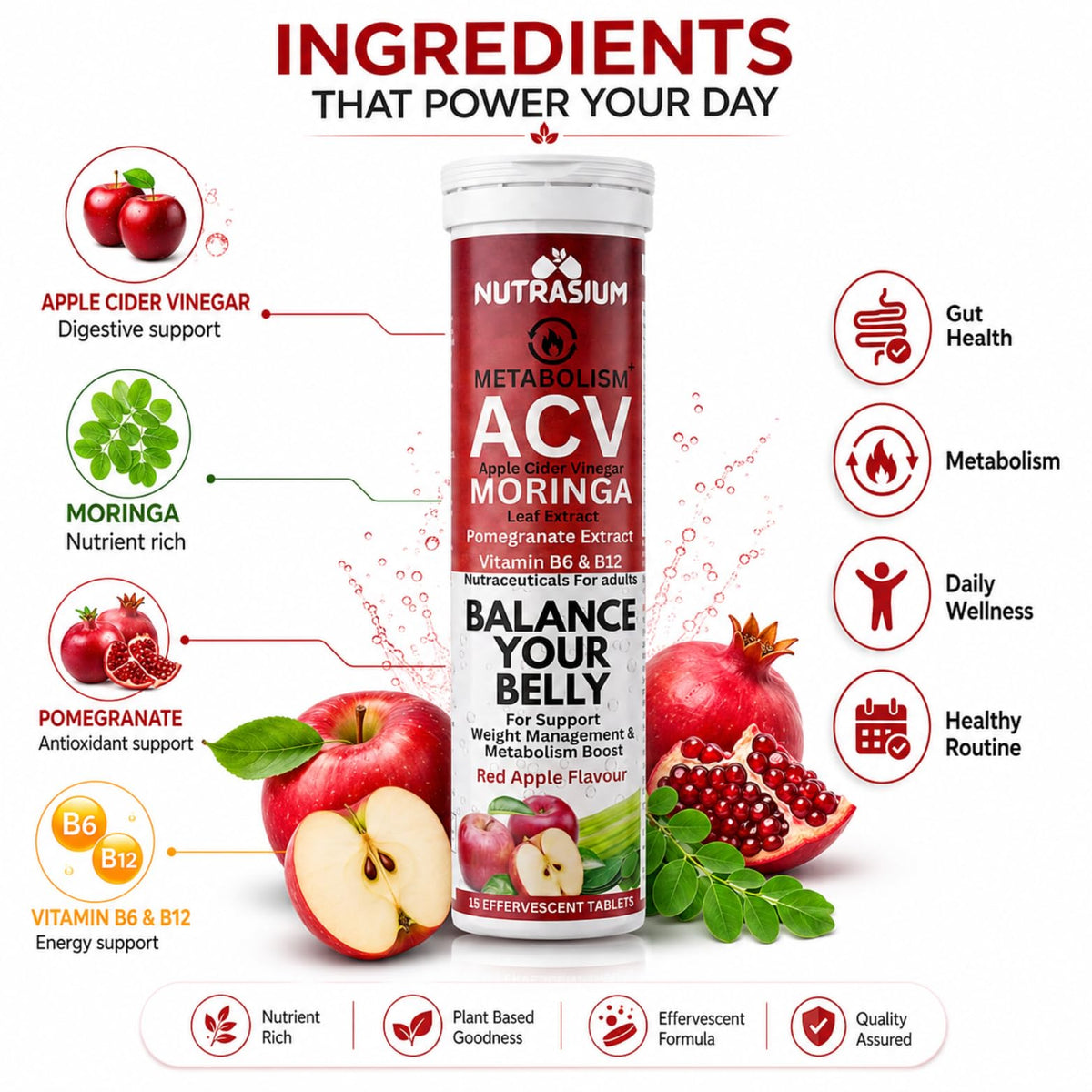 Nutrasium ACV Moringa Metabolism Plus | Apple Cider Vinegar Effervescent Tablet | For Supports Weight Loss, Control Cravings, Convert Fat Into Energy, Boost Energy & Immunity | 30 Tablets Red apple