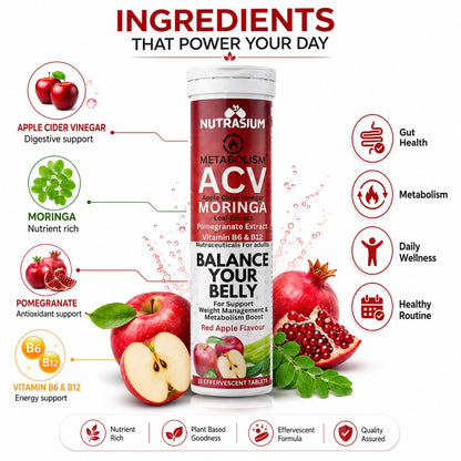 Nutrasium ACV Moringa Metabolism Plus | Apple Cider Vinegar Effervescent Tablet | For Supports Weight Loss, Control Cravings, Convert Fat Into Energy, Boost Energy & Immunity | 30 Tablets Red apple