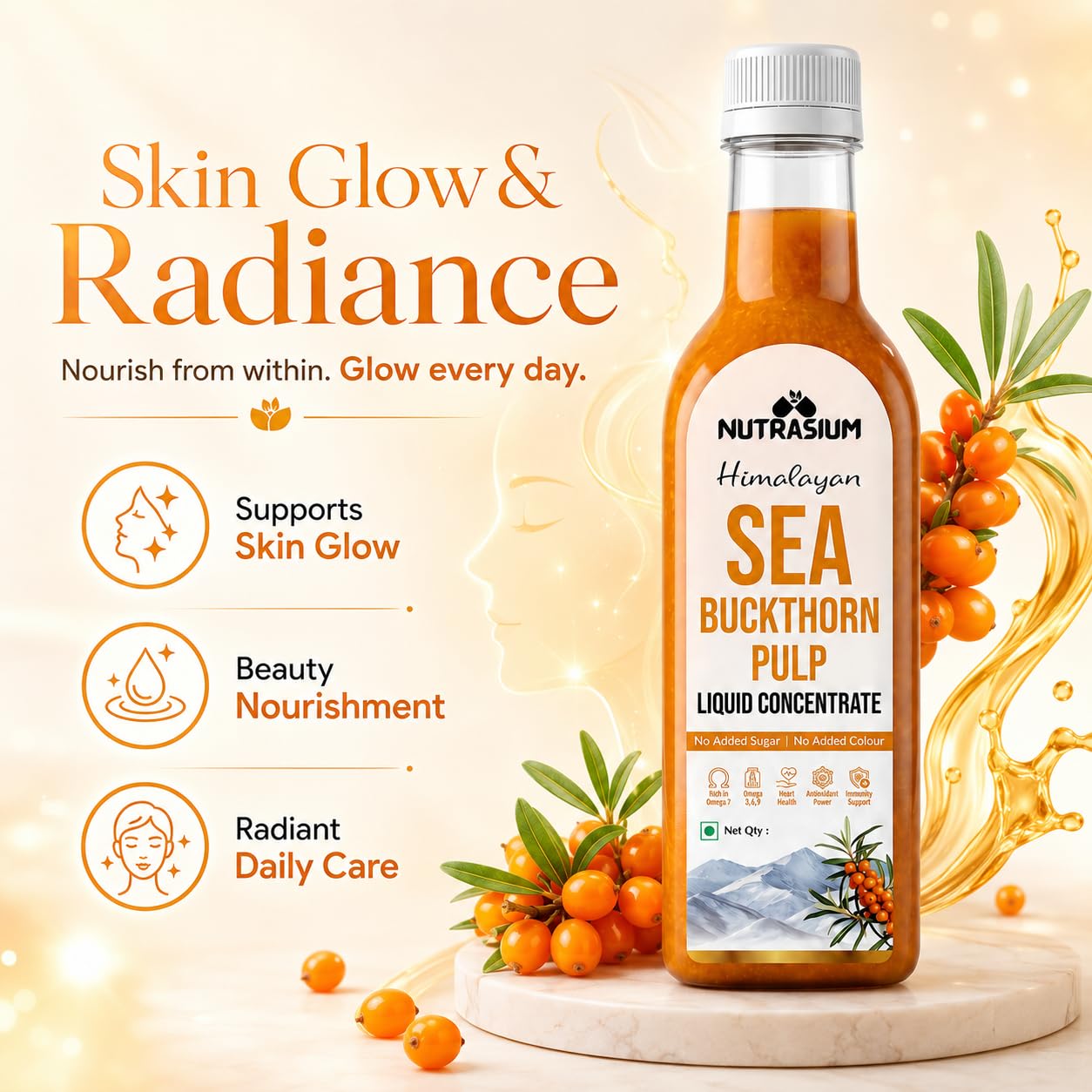 Nutrasium Sea Buckthorn Pulp Concentrate 1000 ml | Cold Pressed Himalayan Sea Buckthorn Berry Liquid Concentrate | Natural Source of Vitamin C & Omega 3, 6, 7 & 9 | Pack Of 2