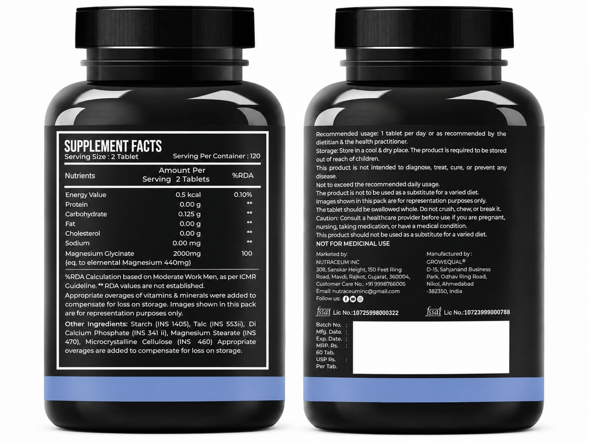 Magnesium Glycinate 2000 mg | Chealated Magnesium Supplement For Natural Sleep, Muscle Relaxation, Nerve Function, Heart & Bone Health, Stress & Calmness | 120 Tablets