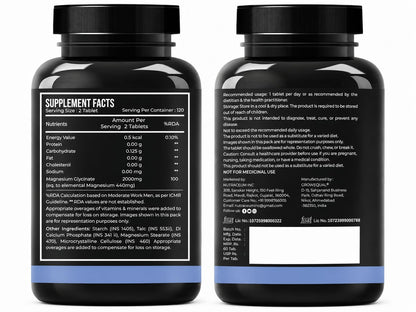 Magnesium Glycinate 2000 mg | Chealated Magnesium Supplement For Natural Sleep, Muscle Relaxation, Nerve Function, Heart & Bone Health, Stress & Calmness | 120 Tablets