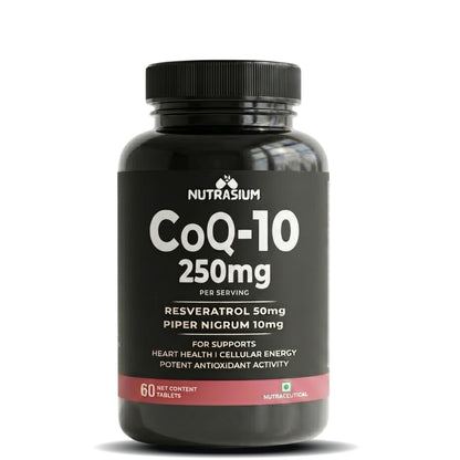 Nutrasium CoQ10 250 mg with Resveratrol | Coenzyme Q10 Supplement for Cellular Energy & Antioxidant Support | Veg Tablets | 60 Tablets | Co-Q10 Supplement