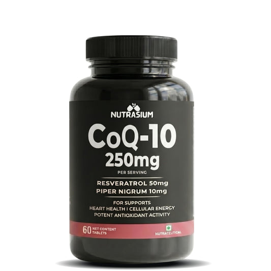 Nutrasium CoQ10 250 mg with Resveratrol | Coenzyme Q10 Supplement for Cellular Energy & Antioxidant Support | Veg Tablets | 60 Tablets | Co-Q10 Supplement