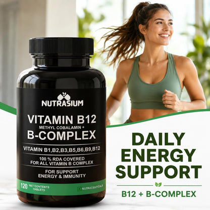Nutrasium Vitamin B12 with B-Complex Tablets - 100% RDA for B Vitamins with B1, B2, B3, B5, B6, B9 & Vitamin B12 | Vitamin B Complex Supplements for Women & Men - 120 Vegetarian Tablets