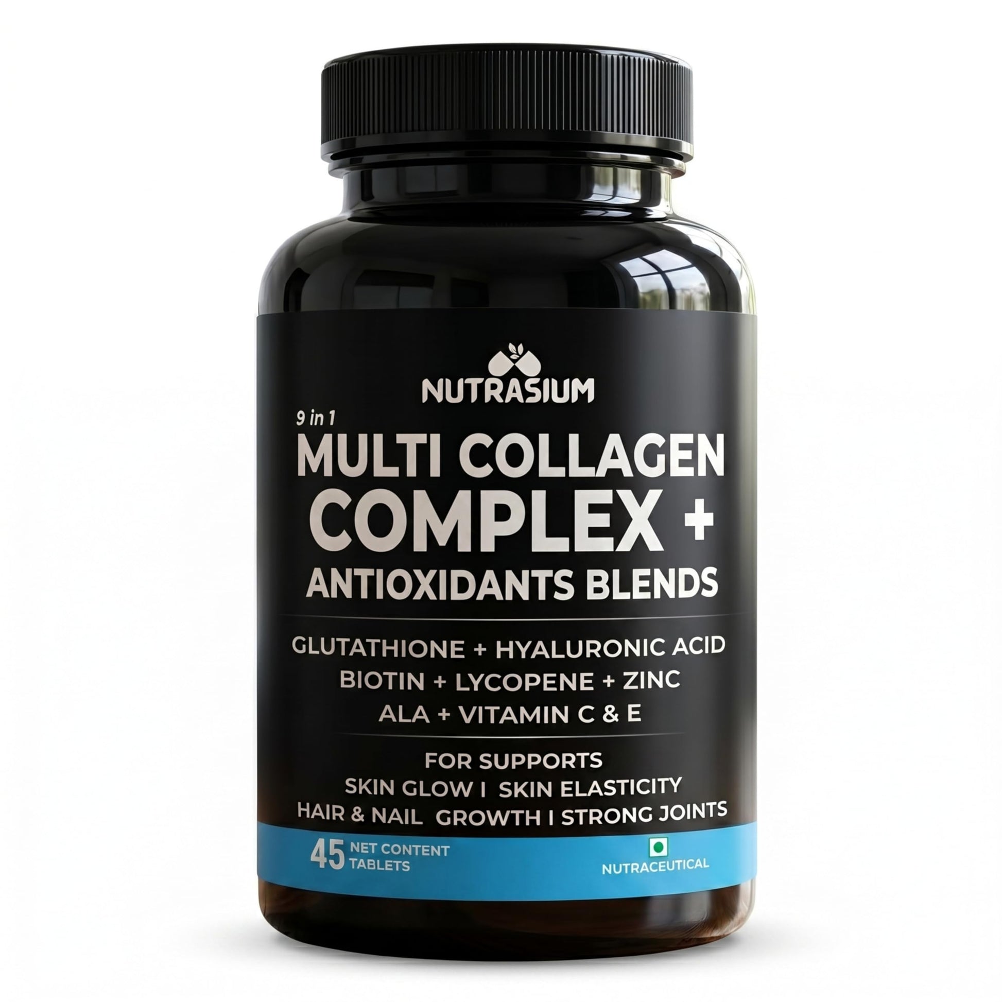 Nutrasium Multi Collagen Complex with Hyaluronic acid, Zinc, Vitamin C & E | For Skin Radiance, Soft & Firm Skin | Reduce Wrinkle | Strong Hair, Nail, Joints | 45 Tablets Chocolate Flavour