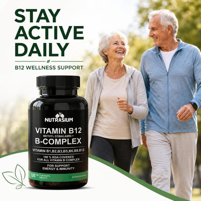 Nutrasium Vitamin B12 with B-Complex Tablets - 100% RDA for B Vitamins with B1, B2, B3, B5, B6, B9 & Vitamin B12 | Vitamin B Complex Supplements for Women & Men - 120 Vegetarian Tablets