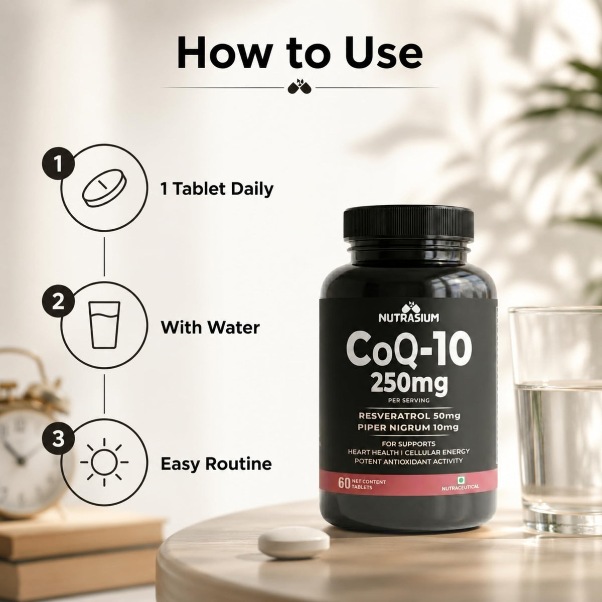 Nutrasium CoQ10 250 mg with Resveratrol | Coenzyme Q10 Supplement for Cellular Energy & Antioxidant Support | Veg Tablets | 60 Tablets | Co-Q10 Supplement
