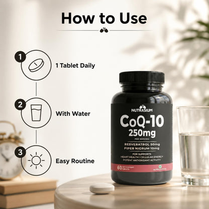 Nutrasium CoQ10 250 mg with Resveratrol | Coenzyme Q10 Supplement for Cellular Energy & Antioxidant Support | Veg Tablets | 60 Tablets | Co-Q10 Supplement