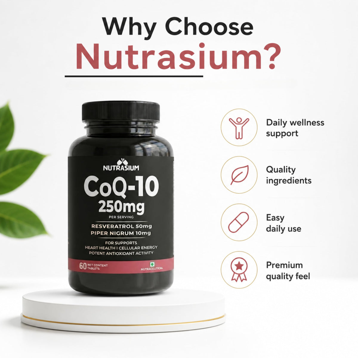 Nutrasium CoQ10 250 mg with Resveratrol | Coenzyme Q10 Supplement for Cellular Energy & Antioxidant Support | Veg Tablets | 60 Tablets | Co-Q10 Supplement