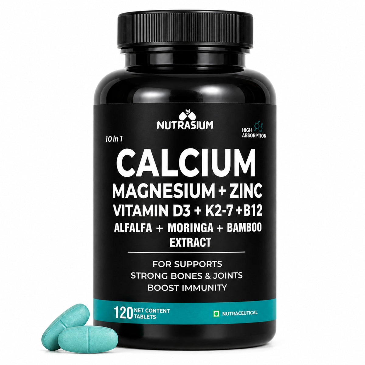 Nutrasium Calcium Magnesium Zinc Tablets with Vitamin D3, Vitamin K2-7 & Vitamin B12 | Alfalfa, Moringa & Bamboo Extract | High Absorption Daily Mineral & Vitamin Supplement | 120 Tablets