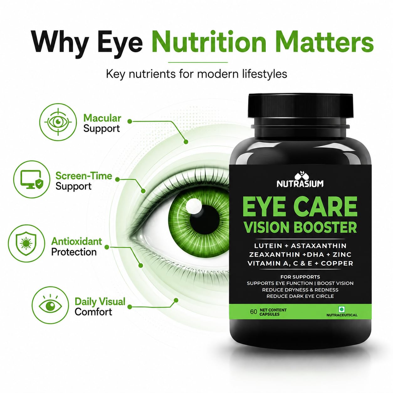 Nutrasium Eye Care | Lutein, Zeaxanthin Astaxanthin Eye Supplement | Supports Healthy Vision, Helps Reduce Digital Eye Strain & Fatigue from High Screen Time for Men, Women & Students