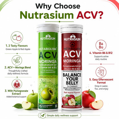 Nutrasium ACV Moringa Metabolism Plus | Apple Cider Vinegar Effervescent Tablet | For Supports Weight Loss, Control Cravings, Convert Fat Into Energy, Boost Energy & Immunity | 30 Tablets Mix Fruit