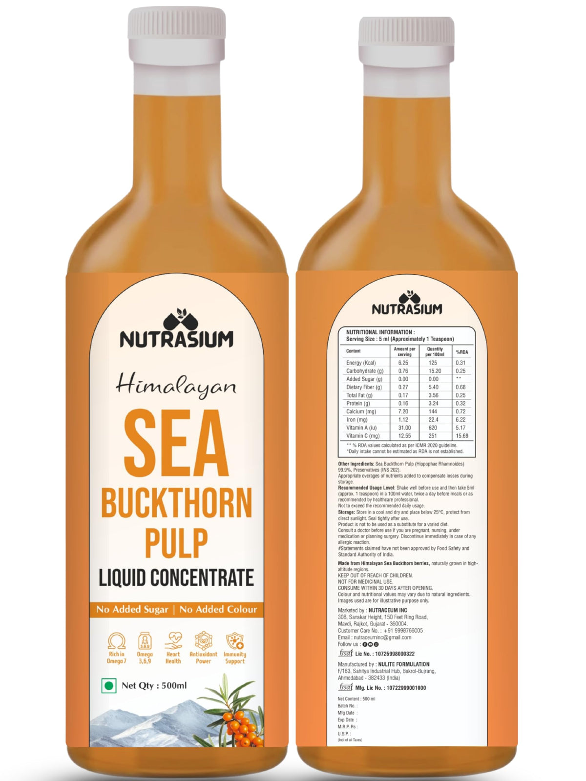 Nutrasium Sea Buckthorn Pulp Concentrate 500 ml | Cold Pressed Himalayan Sea Buckthorn Berry Liquid Concentrate | Natural Source of Vitamin C & Omega 3, 6, 7 & 9 | For Skin, Joints, Immunity, Stamina and Wellness | 50 Glasses