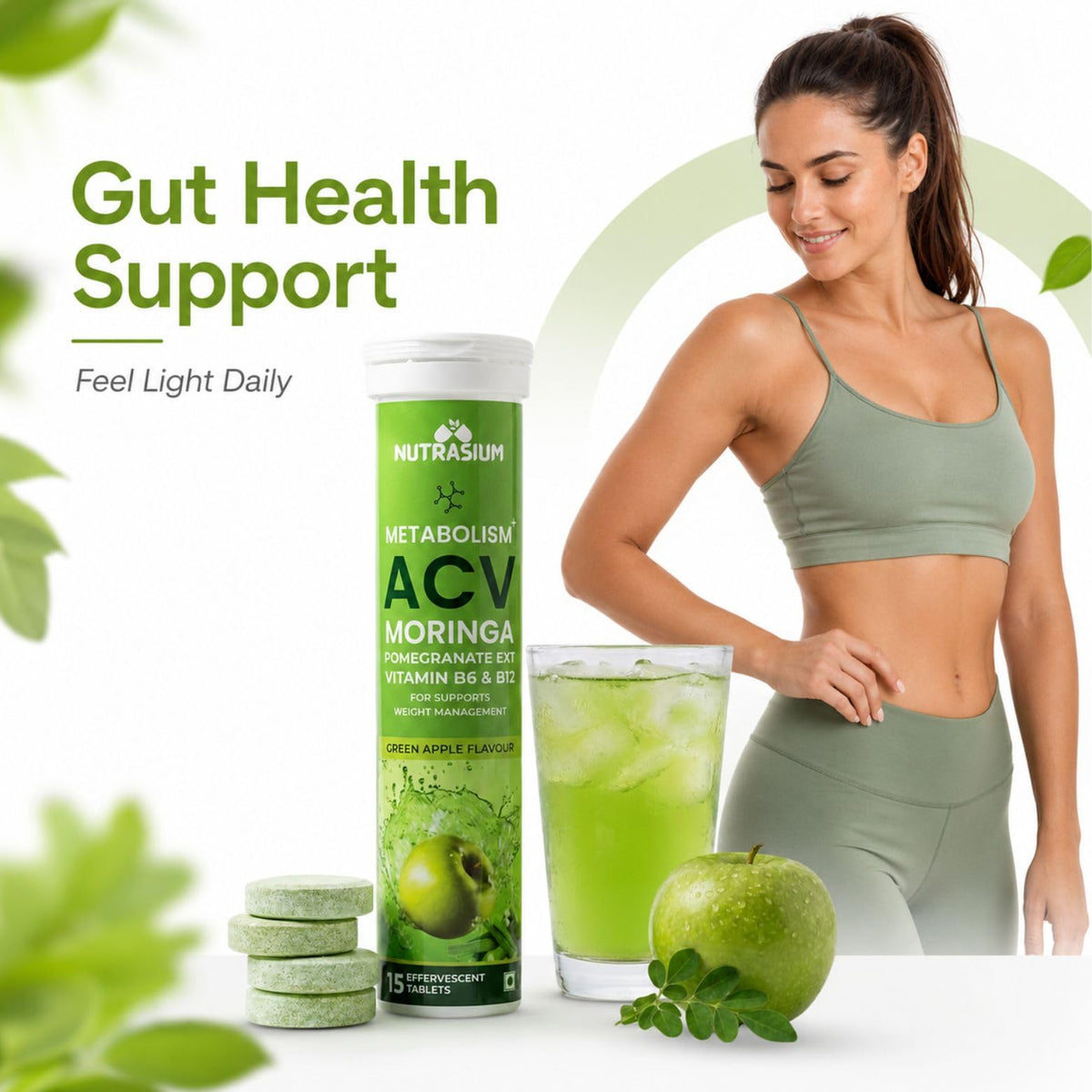Nutrasium ACV Moringa Metabolism Plus | Apple Cider Vinegar Effervescent Tablet | For Supports Weight Loss, Control Cravings, Convert Fat Into Energy, Boost Energy & Immunity | 15 Tablets Green Apple