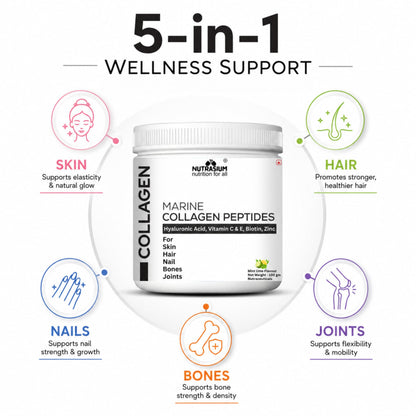 Nutrasium Marine Collagen Supplement with Vitamin C & Hyaluronic acid for Men & Women | Skin, Joints, Hair & Nails | Hydrolyzed Peptides Fast Absorption | Added Biotin & Zinc | 100 Gram Refrashing Lemin Mint Flavour
