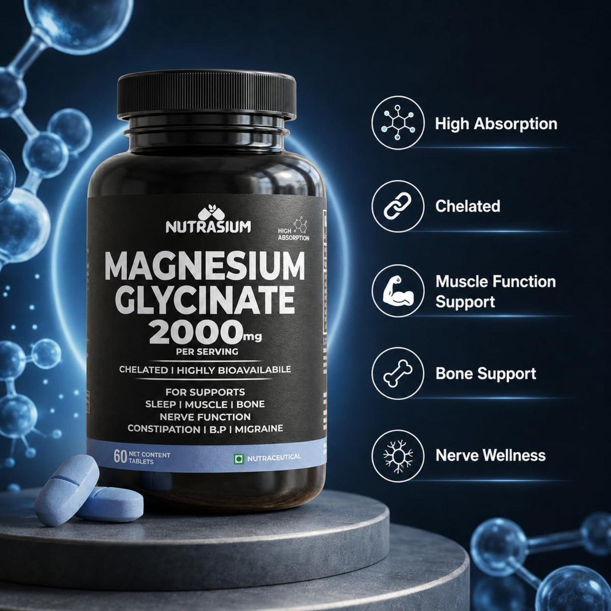 Nutrasium Magnesium glycinate 2000 mg Per Serving | Chealted & High Absorbtion | For Deep Natural Sleep, Muscle Relaxation, Supports Heart & Nerve Function | 60 Tablets