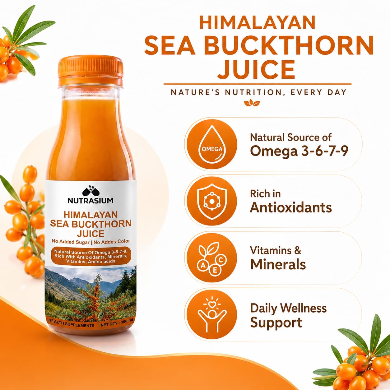 Nutrasium Himalayan Sea Buckthorn Juice 300ml, Wild Berries Pulp Concentrate, Rich in Omega 3 6 7 9 & Vitamin C, Herbal Seabuckthorn Juice, Supports Immunity, Skin & Gut Health, Lab Tested, Cold Pressed