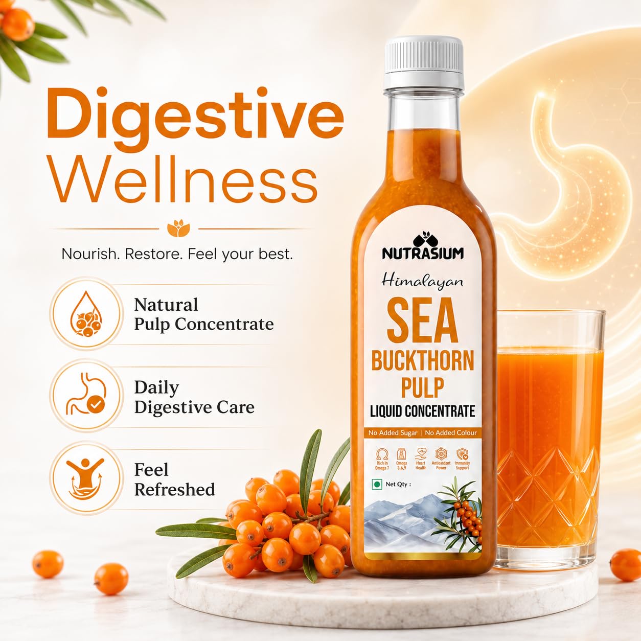Nutrasium Sea Buckthorn Pulp Concentrate 1000 ml | Cold Pressed Himalayan Sea Buckthorn Berry Liquid Concentrate | Natural Source of Vitamin C & Omega 3, 6, 7 & 9 | Pack Of 2