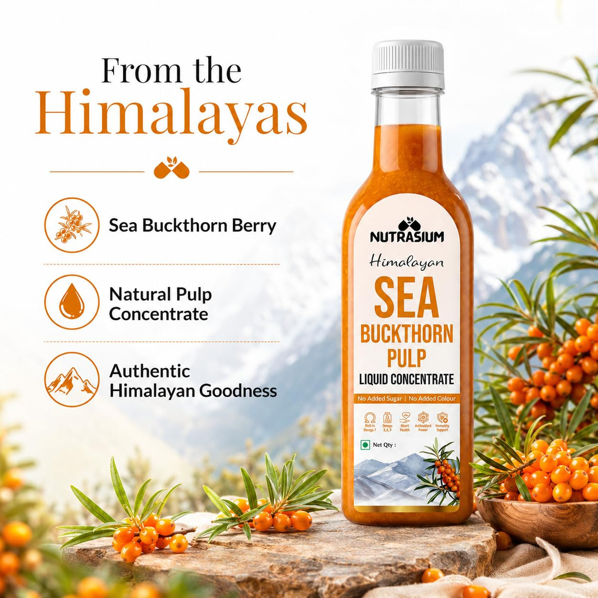 Nutrasium Sea Buckthorn Pulp Concentrate 1000 ml | Cold Pressed Himalayan Sea Buckthorn Berry Liquid Concentrate | Natural Source of Vitamin C & Omega 3, 6, 7 & 9 | Pack Of 2