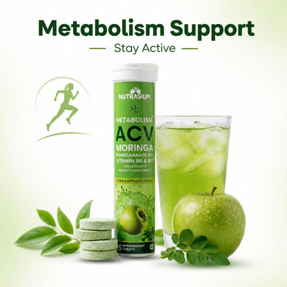 Nutrasium ACV Moringa Metabolism Plus | Apple Cider Vinegar Effervescent Tablet | For Supports Weight Loss, Control Cravings, Convert Fat Into Energy, Boost Energy & Immunity | 15 Tablets Green Apple