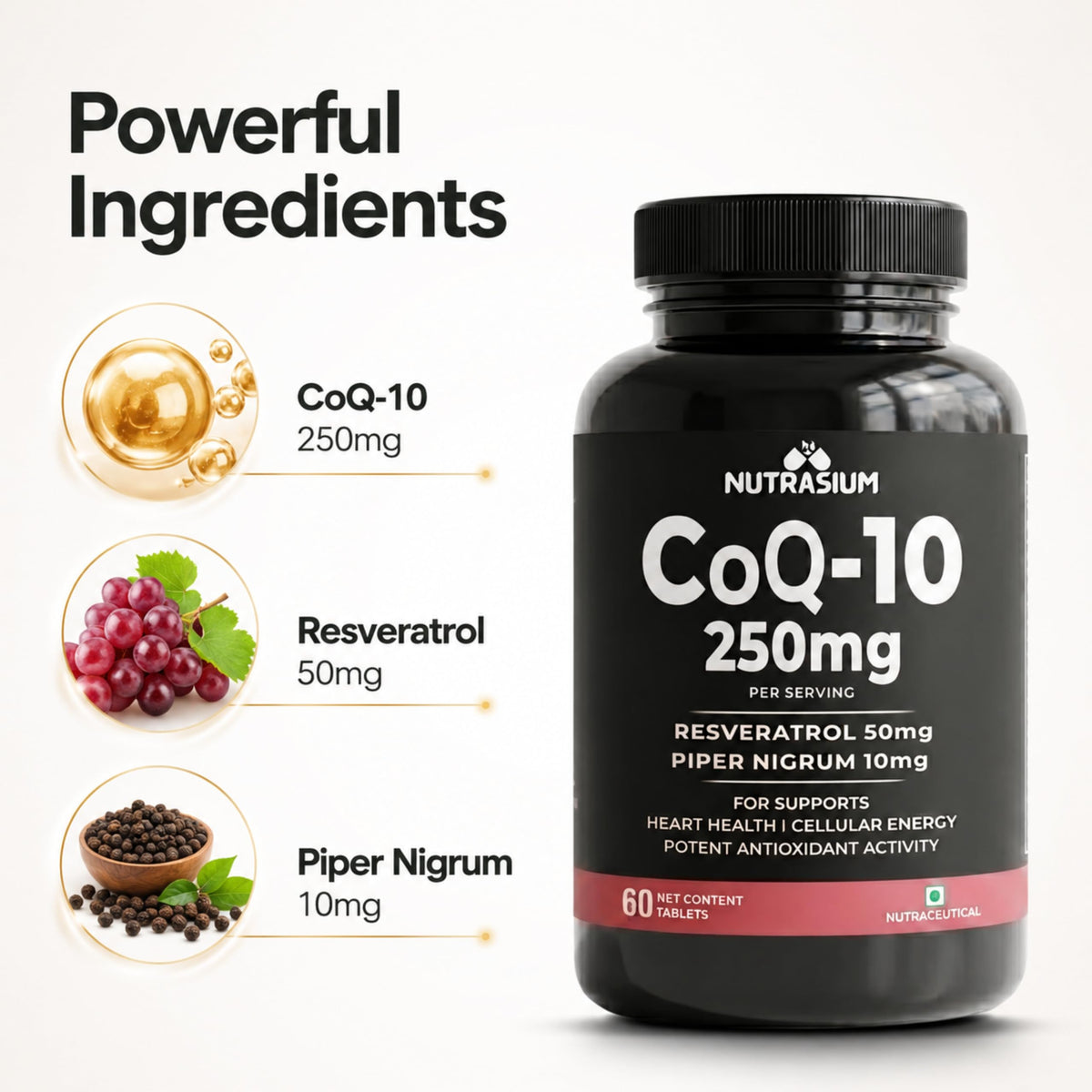 Nutrasium CoQ10 250 mg with Resveratrol | Coenzyme Q10 Supplement for Cellular Energy & Antioxidant Support | Veg Tablets | 60 Tablets | Co-Q10 Supplement