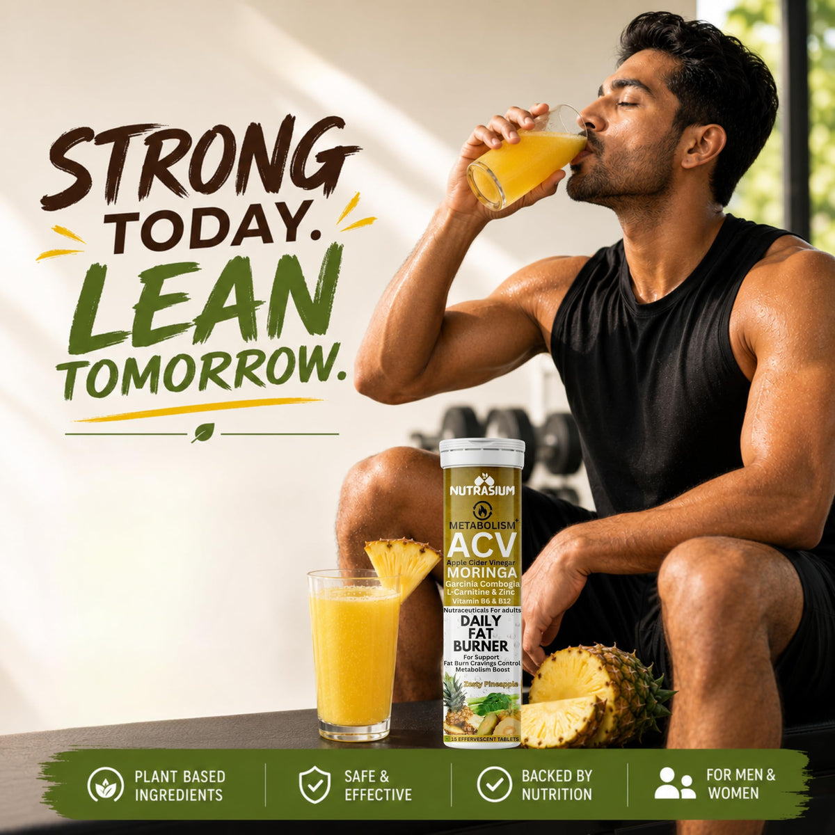 Nutrasium ACV Moringa Metabolism Plus | Apple Cider Vinegar Effervescent Tablet | For Supports Weight Loss, Control Cravings, Convert Fat Into Energy, Boost Energy & Immunity | 15 Tablets Pineapple