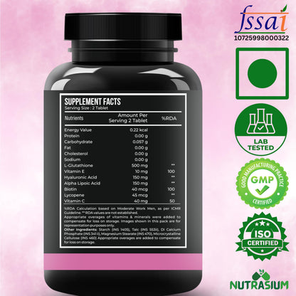 Nutrasium L-Glutathione 600 mg with Hyaluronic Acid & Biotin | For Skin Glow, Hydration, Dark spot & Skin Radiance | Added Vitamin C & E with Lycopene | 90 Tablets