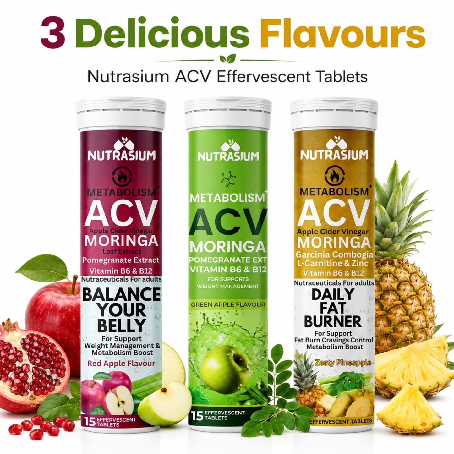 Nutrasium ACV Moringa Metabolism Plus | Apple Cider Vinegar Effervescent Tablet | For Supports Weight Loss, Control Cravings, Convert Fat Into Energy, Boost Energy & Immunity | 45 Tablets Mix Fruit