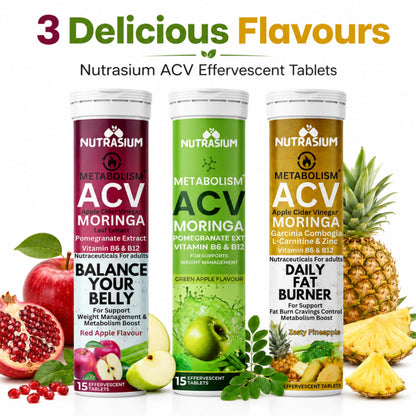 Nutrasium ACV Moringa Metabolism Plus | Apple Cider Vinegar Effervescent Tablet | For Supports Weight Loss, Control Cravings, Convert Fat Into Energy, Boost Energy & Immunity | 45 Tablets Mix Fruit