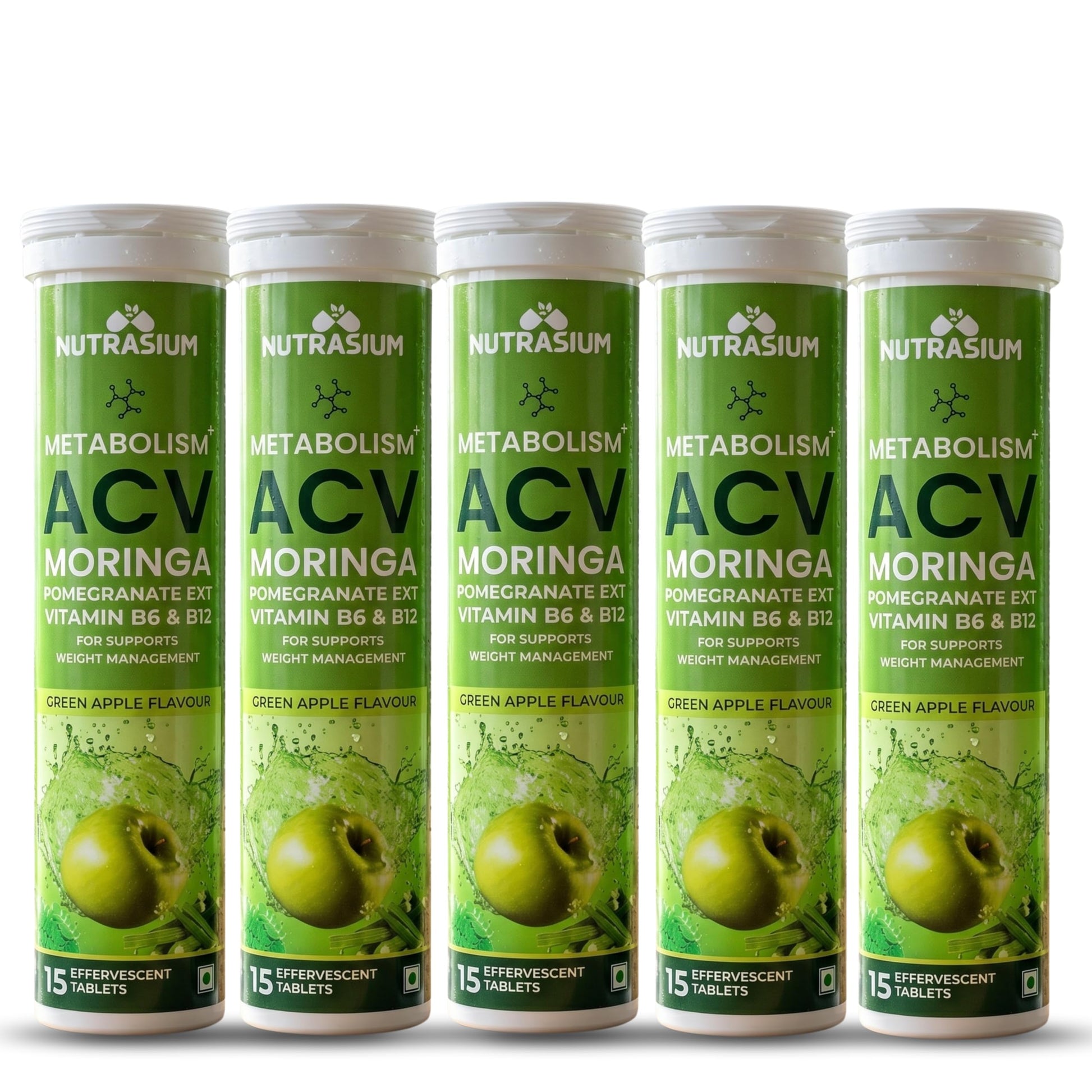 Nutrasium ACV Moringa Metabolism Plus | For Supports Weight Loss, Control Cravings, Convert Fat Into Energy, Boost Energy & Immunity | 75 Tablets Pack of 5X15