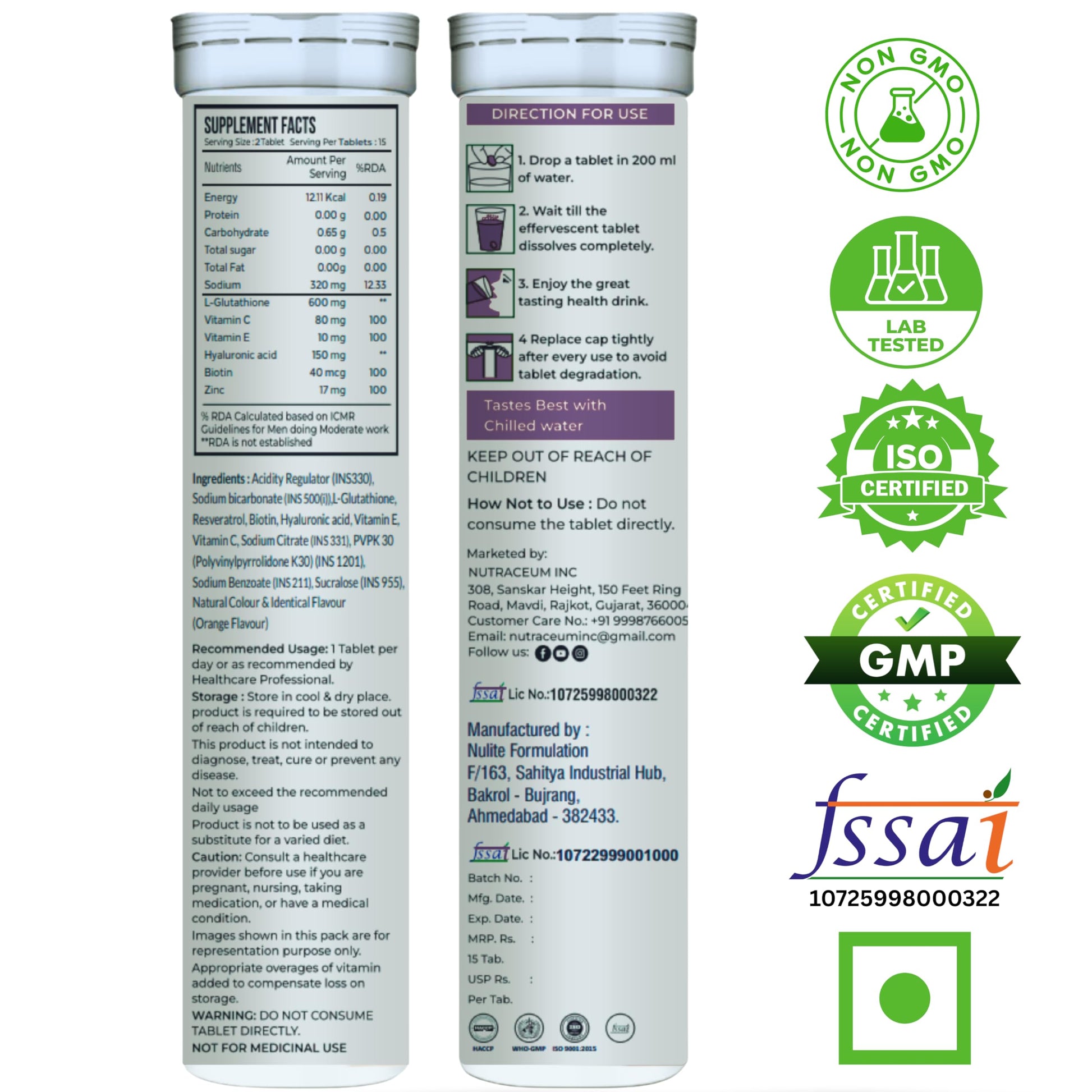 Nutrasium Glutathione Tablets, 500mg, 60 Effervescent Tablets