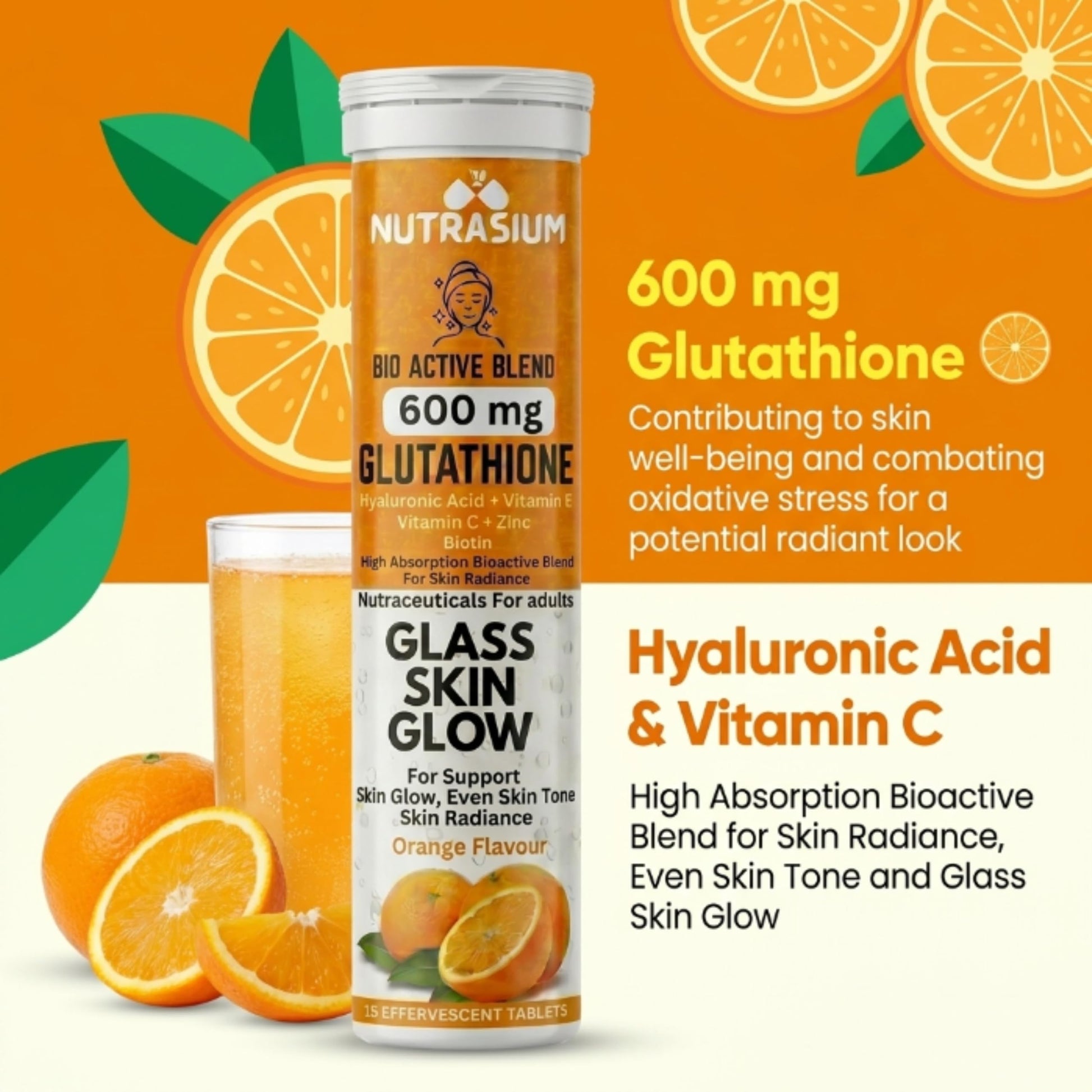 Nutrasium | 600 mg L-Glutathione tablets for Radiant Skin & Even Skin Tone | Glutathione Tablets For Skin Glow & Antipigmentation | 15 Effervescent Tablets, Orange Flavour